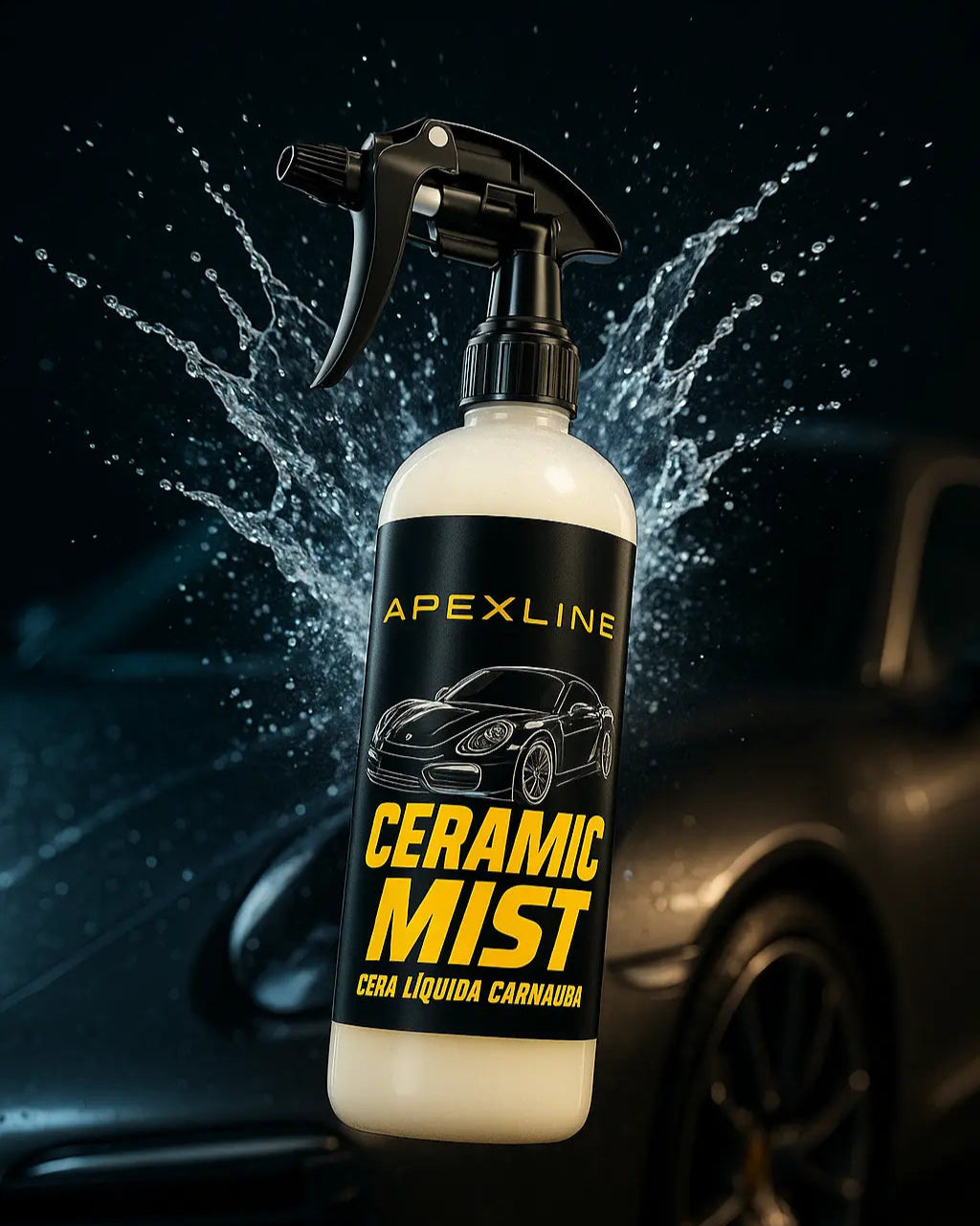 Foto producto con fondo de agua salpicando y coche limpio, caramic mist cera líquida de carnauba marca apexline letras en dorado y etiqueta negra, producto color blanco