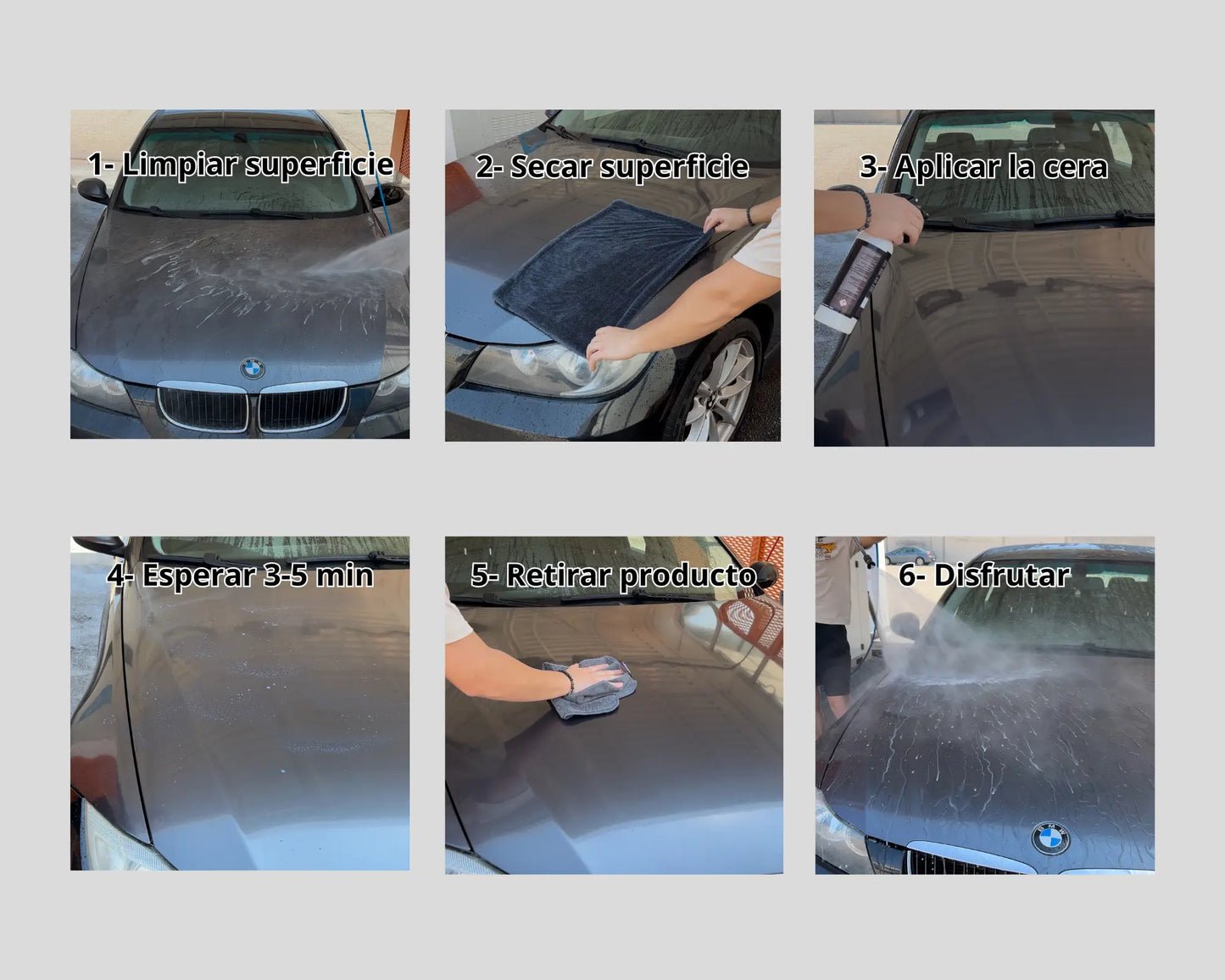 Infografía explicativa con 6 pasos de como funciona la cera líquida de Carnauba donde se ven 6 imágenes diferentes de como funciona el producto