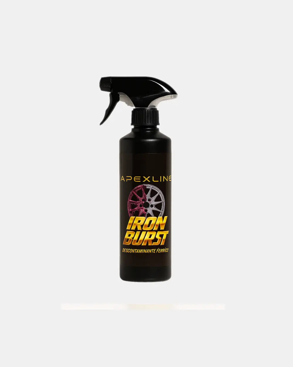 Foto producto con fondo blanco, iron burst descontaminante ferrico limpiallantas, marca apexline letras en dorado y etiqueta negra, producto color negro