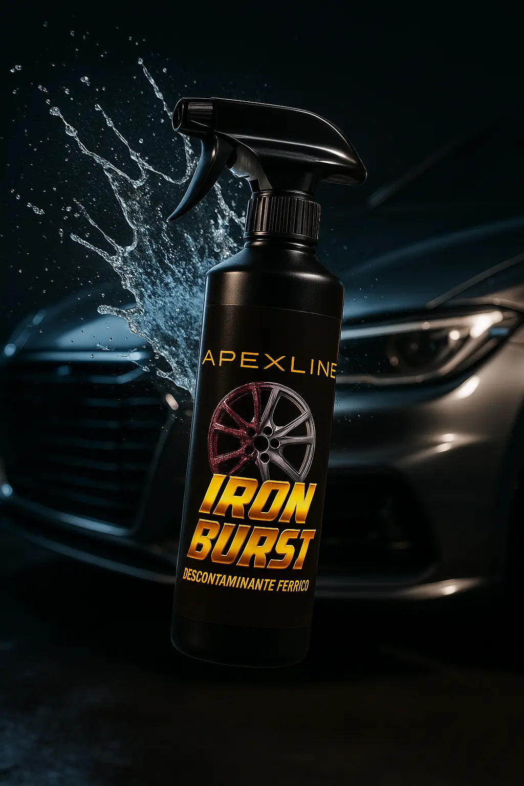 Foto producto con fondo coche alta gama con agua salpicando, iron burst descontaminante ferrico limpiallantas, marca apexline letras en dorado y etiqueta negra, producto color negro
