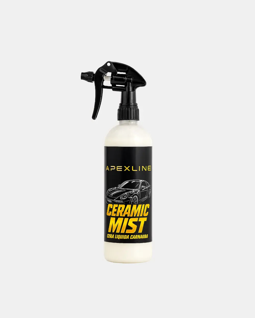 Foto producto con fondo blanco, caramic mist cera líquida de carnauba marca apexline letras en dorado y etiqueta negra, producto color blanco
