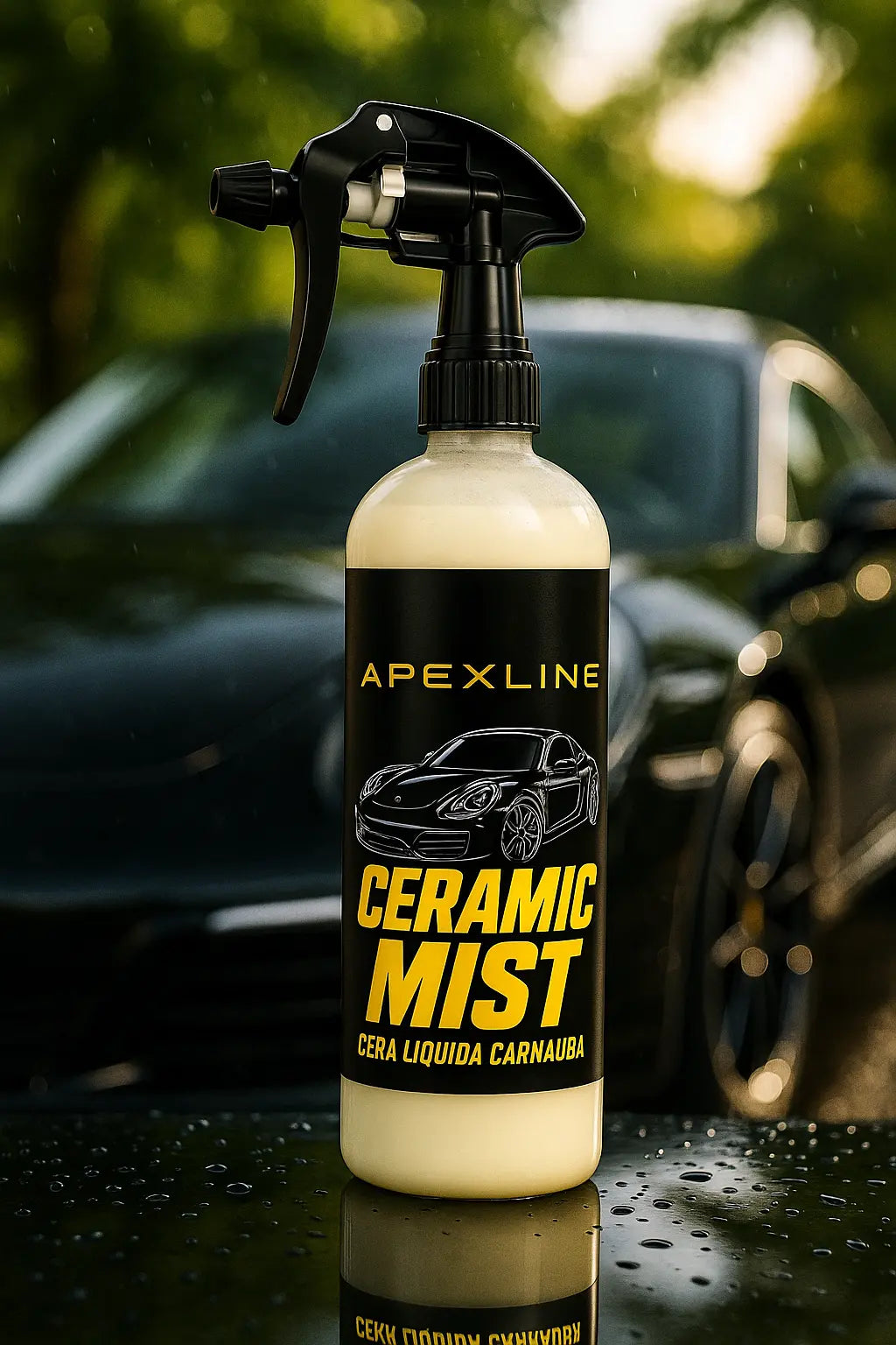 Foto producto con fondo de coche alta gama, caramic mist cera líquida de carnauba marca apexline letras en dorado y etiqueta negra, producto color blanco