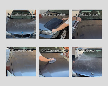 Infografía explicativa con 6 pasos de como funciona la cera líquida de Carnauba donde se ven 6 imágenes diferentes de como funciona el producto