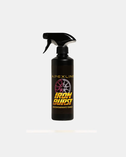 Foto producto con fondo blanco, iron burst descontaminante ferrico limpiallantas, marca apexline letras en dorado y etiqueta negra, producto color negro