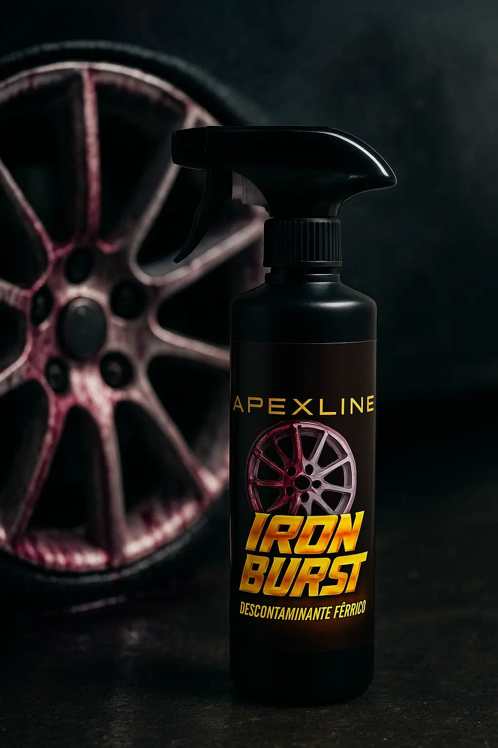 Foto producto con fondo de llanta con producto aplicado color morado, iron burst descontaminante férrico limpiallantas, marca apexline letras en dorado y etiqueta negra, producto color negro